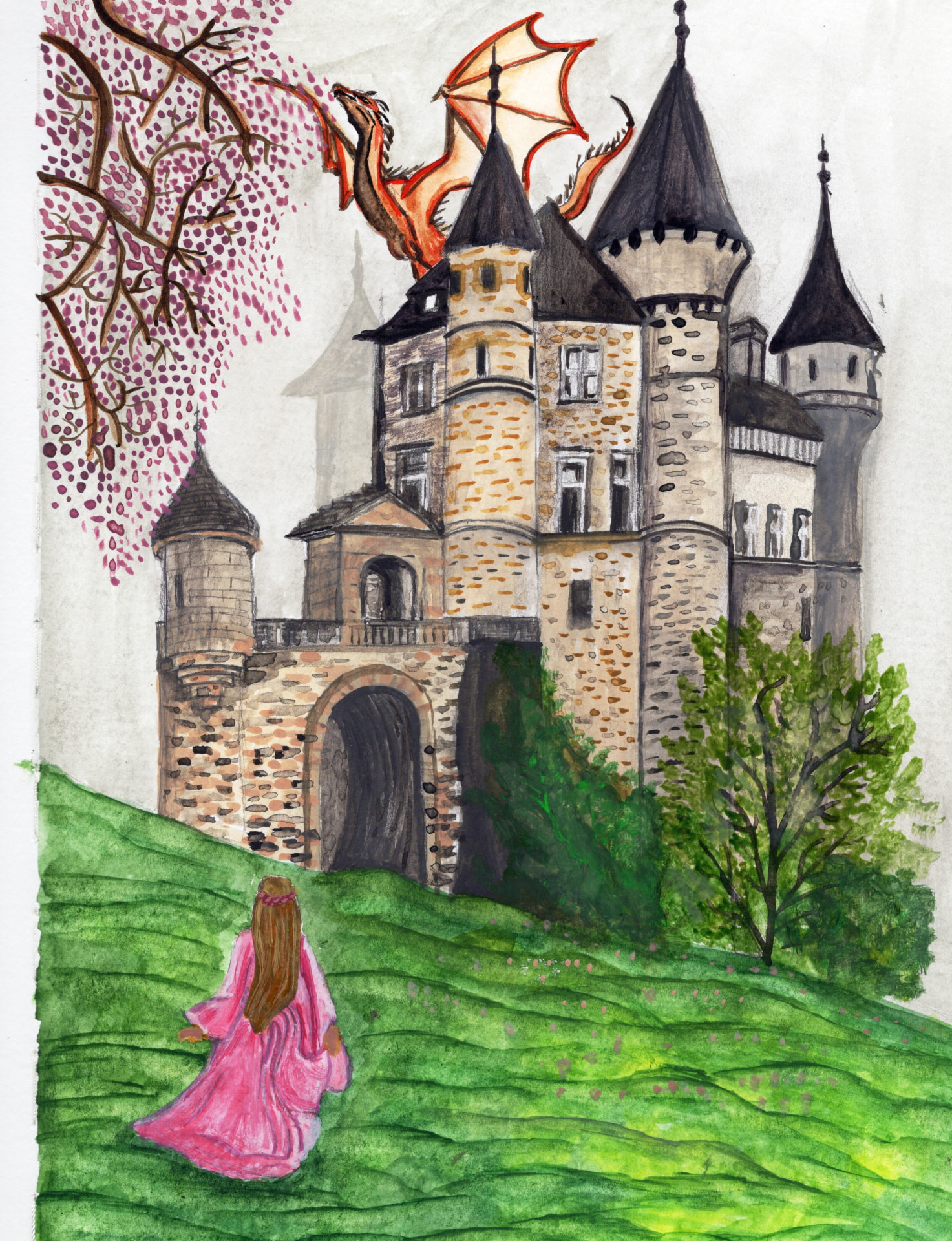 Original watercolor of a fairy-tale castle with a dragon overhead and a girl in a pink gown climbing a grassy hill toward the gate