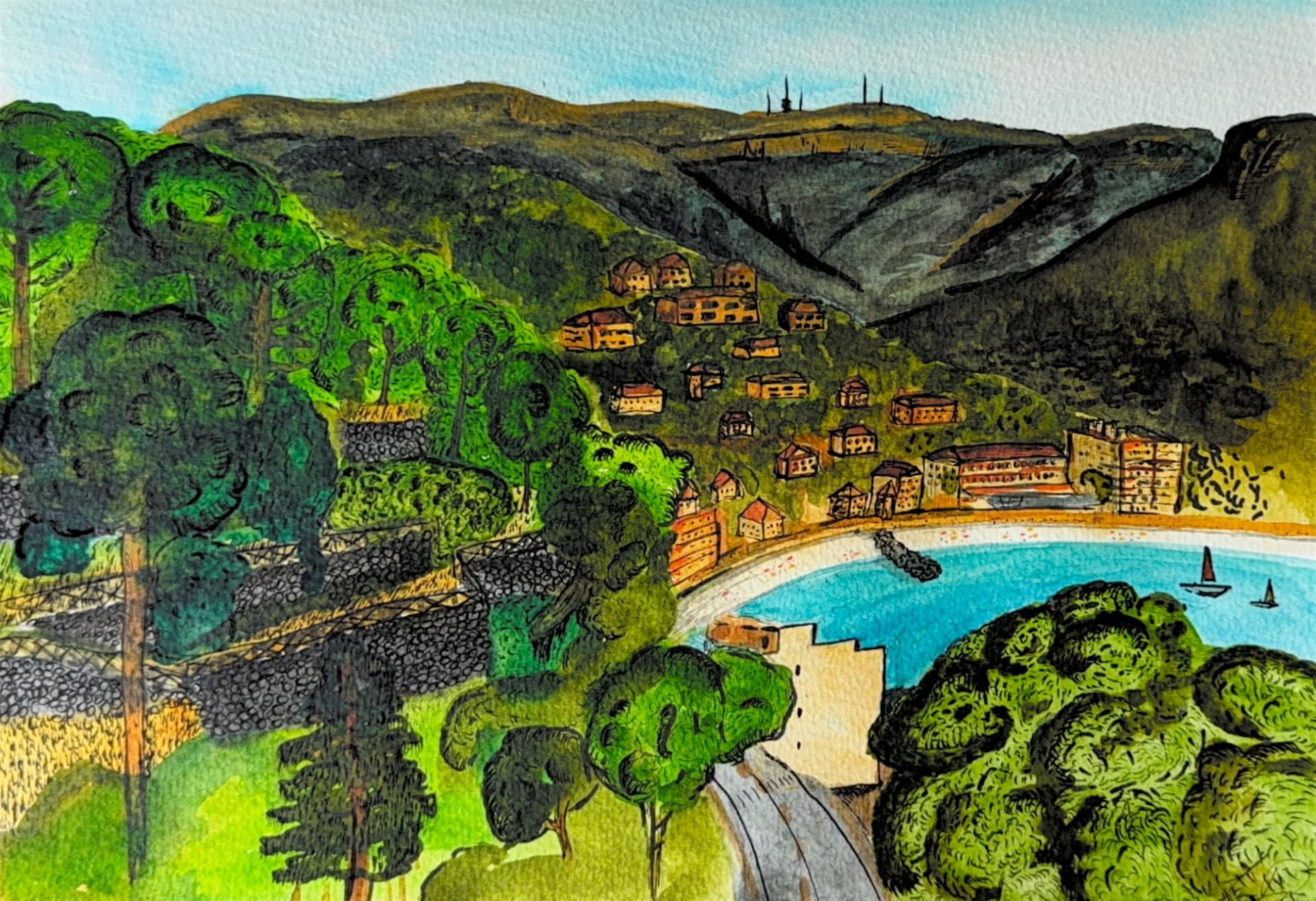 Original watercolor of a cliffside coastline with a turquoise cove, painted in Mallorca, Spain