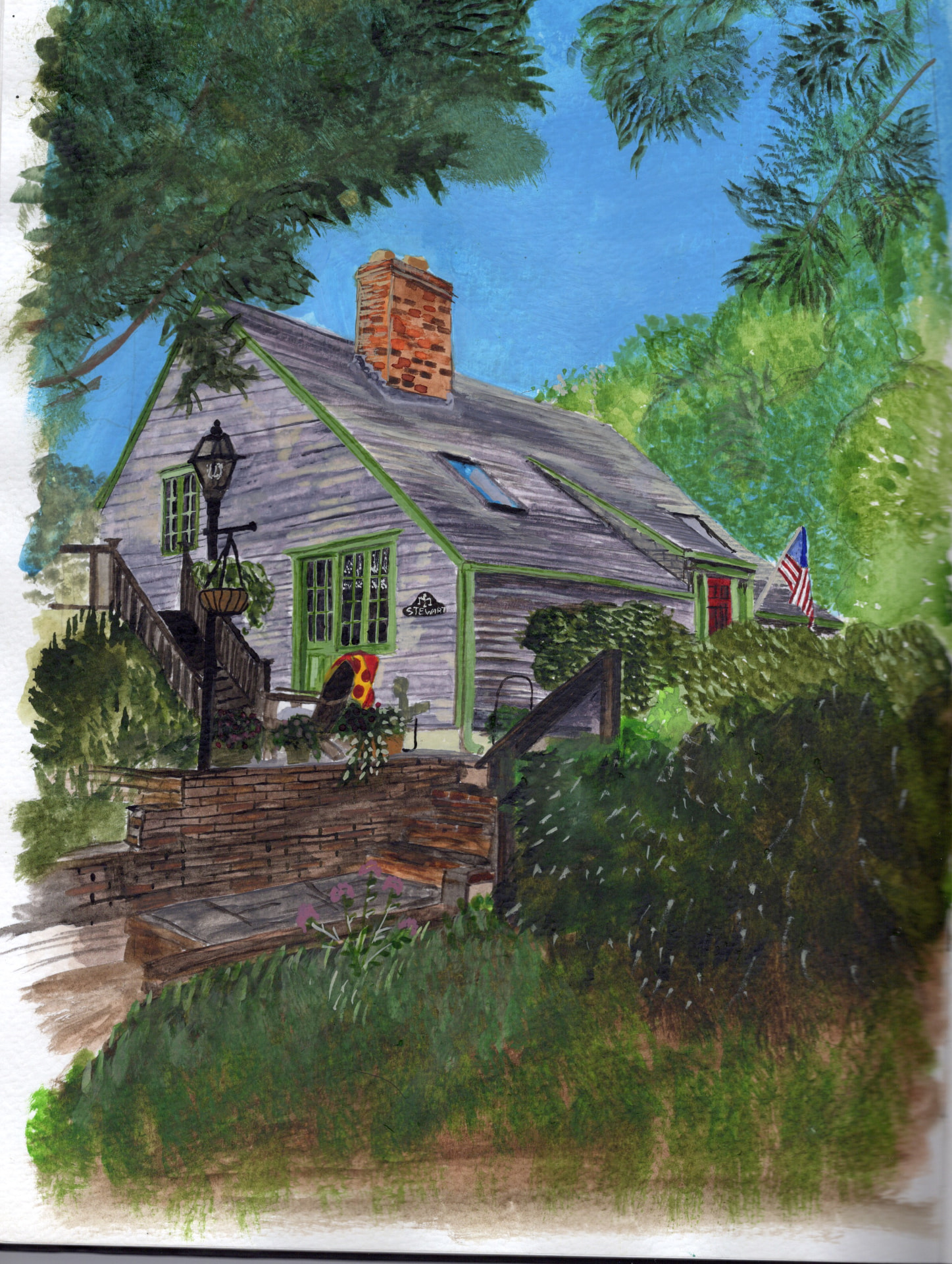 Original watercolor of a lavender cottage with green trim and a brick chimney, painted on Martha's Vineyard
