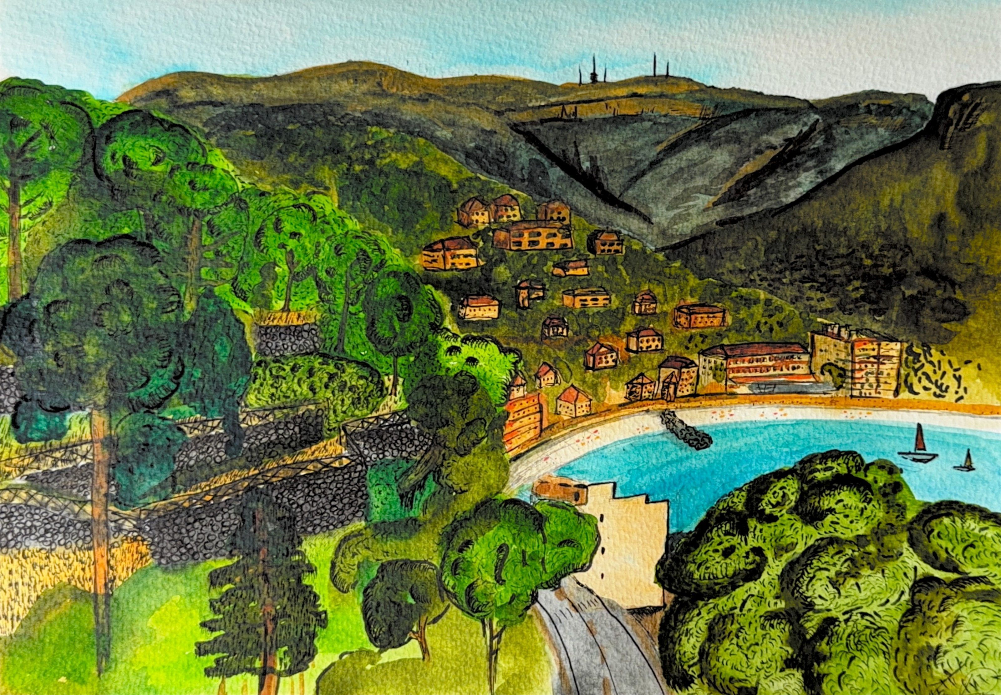 The Port — hillside village tumbling down to the harbor, painted from the cliffs above Port de Sóller